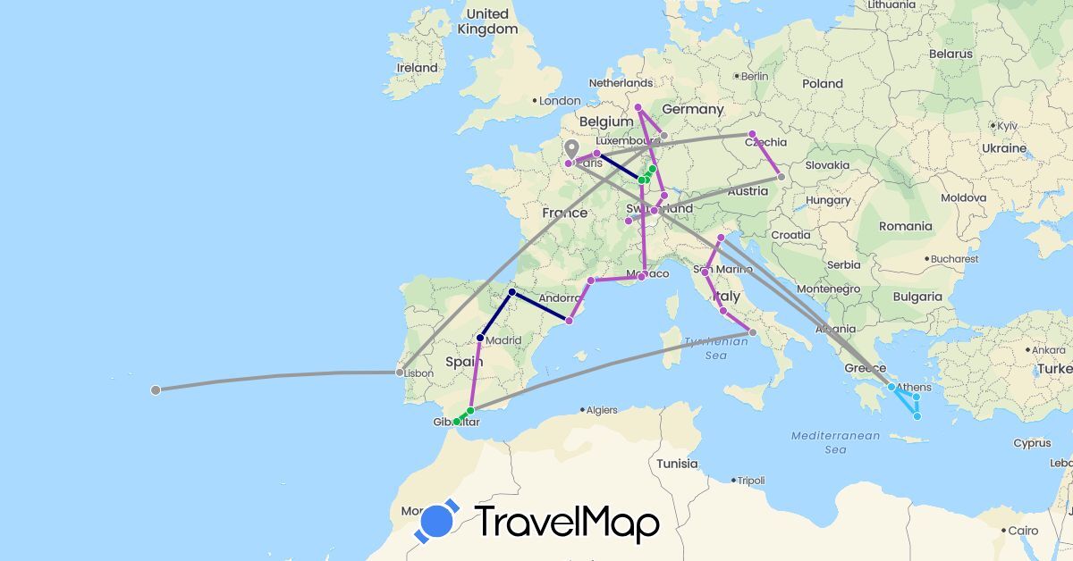 TravelMap itinerary: driving, bus, plane, train, boat in Austria, Switzerland, Czech Republic, Germany, Spain, France, Gibraltar, Greece, Italy, Portugal (Europe)